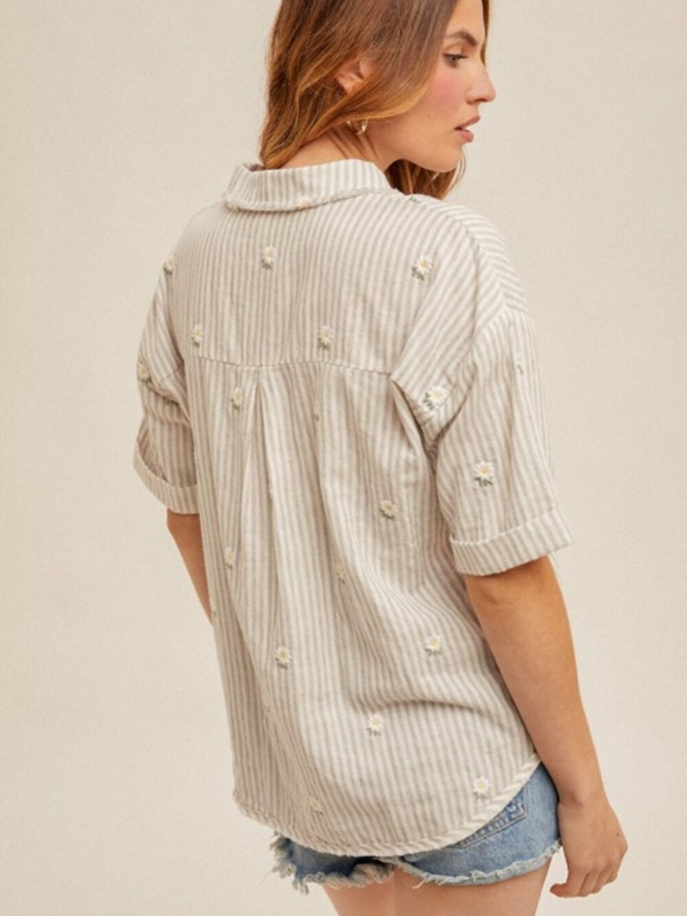 NIP Hem & Thread Daisy Embroidered Striped Fringe Hem Boxy Top -  100% Cotton - Picture 2 of 5